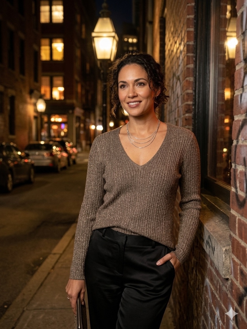 Chico's Taupe Ribbed V-Neck Sweater with Gold Sparkle
